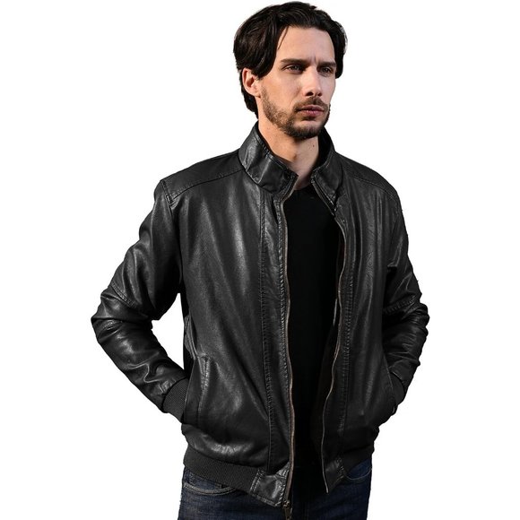 Men's Black Leather Stand Collar Fleece Lined Bomber Faux Jacket - Picture 7 of 8